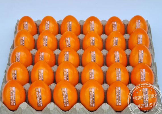 Logoeier am Beispiel von Hornbach mit einem 2c-Druck auf dem orangefarbenen Brotzeitei