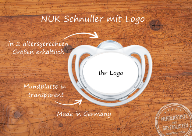 Transparenter NUK Schnuller mit Logo als Werbeartikel.
