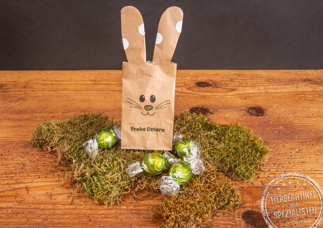 Osterhasent&uuml;te Bunny Bag mit hochwertiger Lindt Lindor Marken-F&uuml;llung als Werbegeschenk.