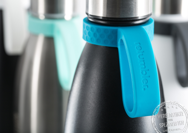 Retumbler Isolierflasche mit Schlaufe türkis als Werbeartikel.