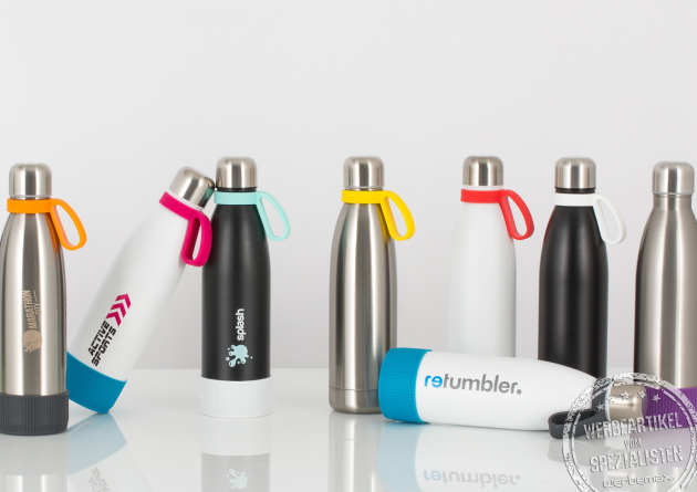 Thermotrinkflaschen mit bunten Schlaufen und Logodruck als Werbeartikel.