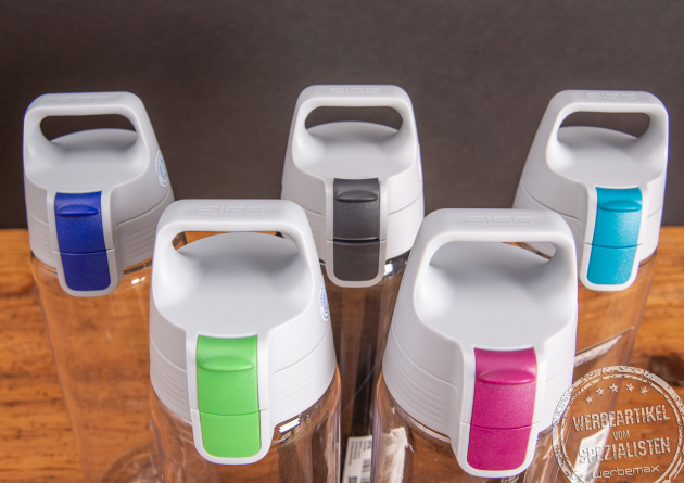 Übersicht der neuen Verschlüsse der SIGG Total Color Flasche. Jetzt in neuen Farben mit neuen Verschlüssen bei werbemax finden. 