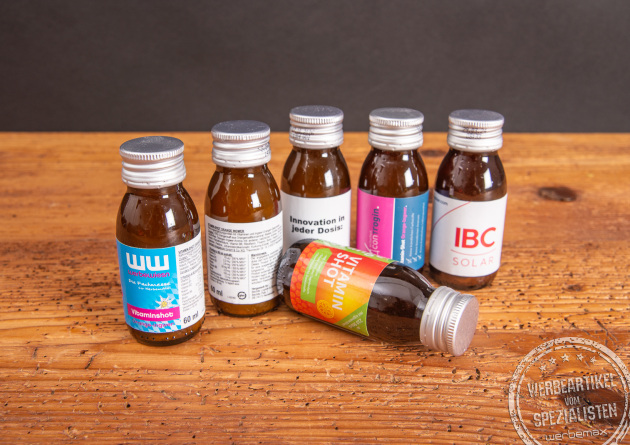 Vitamin Shots mit eigenem Logo als Werbeartikel.