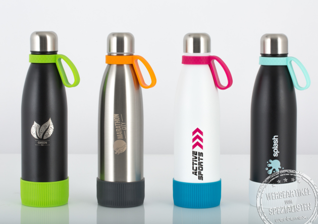 Bunte retumbler Trinkflaschen mit Logo als Werbeartikel.