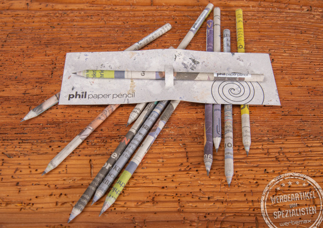 Nachhaltig werben mit dem Bleistift aus recyceltem Zeitungspapier. Die HB Mine sorgt für angenehmes Schreiben. 