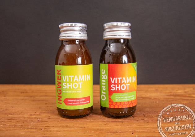 Zwei Vitamin Shots als Streuartikel für Messen.