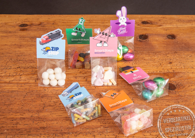 Viele M&ouml;glichkeiten. Bedrucken und gestalten Sie den Kartonheader Ihres s&uuml;&szlig;en Werbegeschenks kreativ selbst. Viele F&uuml;llvarianten stehen Ihnen au&szlig;erdem zur Verf&uuml;gung. 