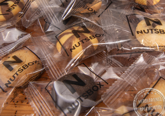 Cookies in der klar moderner Einzelverpackung mit Ihrem Logo bedruckt als Werbemittel. 
