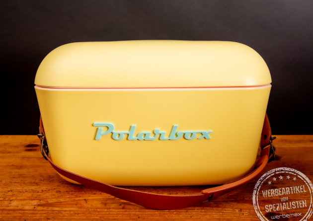 Polarbox Classic Yellow mit Ledertrageriemen mit gepolsterten Schulterteil.