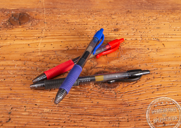 Gelschreiber G2 in den Farben rot, blau und schwarz als g&uuml;nstiger Streuartikel f&uuml;r Bewerbermessen, Tagungen und vieles mehr