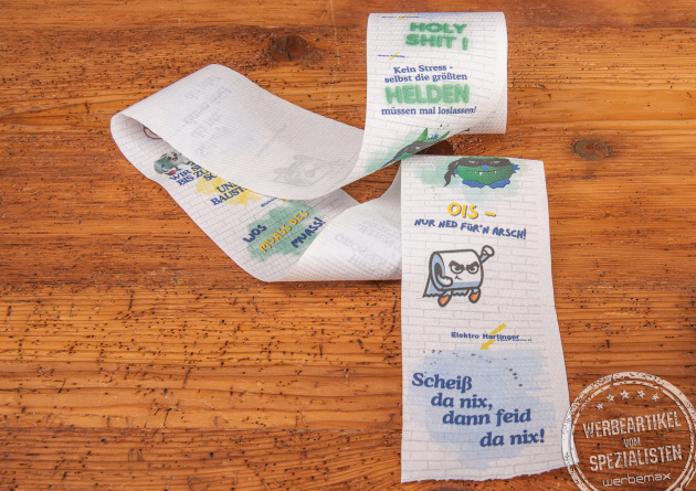 Klopapier mit Logo als Werbeartikel Referenz Elektro Hartinger.