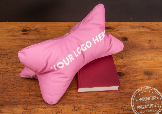 Werbegeschenk Kissen in Leseknochen-Form individuell bedruckt.