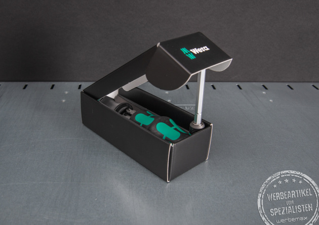 Hochwertiges Mitarbeitergeschenk von Wera mit Ihrem Logo. Schraubendreher-Multifunktionsset mit auswechselbaren Bits im Griff in einer sch&ouml;nen Geschenkverpackung.