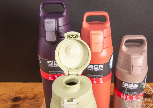 Neue Thermosflasche von SIGG, die SIGG Shield Therm One in trendigen Farben und 3 Größen als Mitarbeitergeschenk 