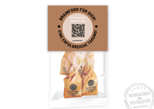 Messeartikel mal anders, entdecken Sie die große Druckfläche der leckeren Tartufo-Pralinen als Werbegeschenk für verschiedenen Zielgruppen. 