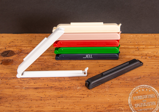 Jell Tütenclip in verschiedenen Farben, als auffallendes Giveaway abseits von Kugelschreiber und Gummibärchen. 