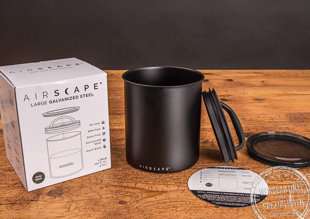 Airscape Kaffeedose schwarz mit Verpackung als Werbegeschenk für Kunden und Mitarbeiter.