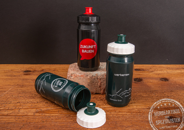 BPA-freie Sporttrinkflasche als Werbeartikel mit Logodruck Referenzen werbemax und Brand Bau.