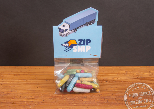 Lakritz im Standbeutel mit individuellem Header LKW als Streuartikel Werbegeschenk.