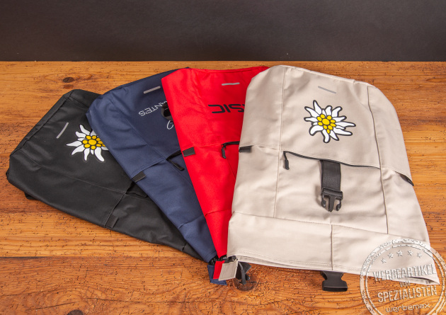 Rolltop Rucksack BASIC in 4 Farben: schwarz, marine, rot und beige. Die Schnallen und Reißverschlüsse sind in jeder Variante in schwarz. 