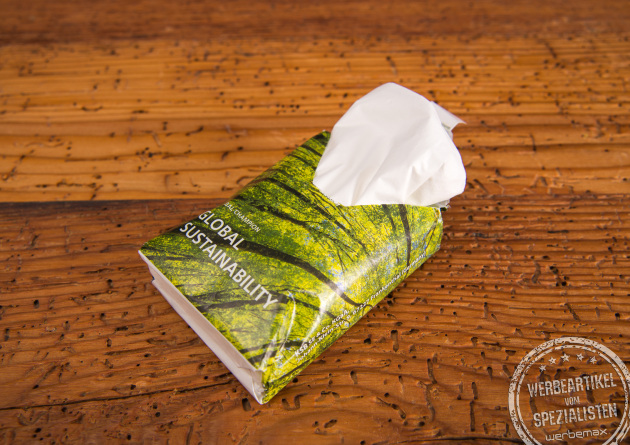 Mini-Taschentücher in Papierverpackung mit Logodruck als Werbegeschenk