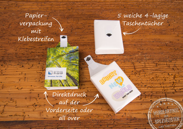 Mini-Papiertaschentücher mit großer Druckfläche als günstiger Streuartikel.