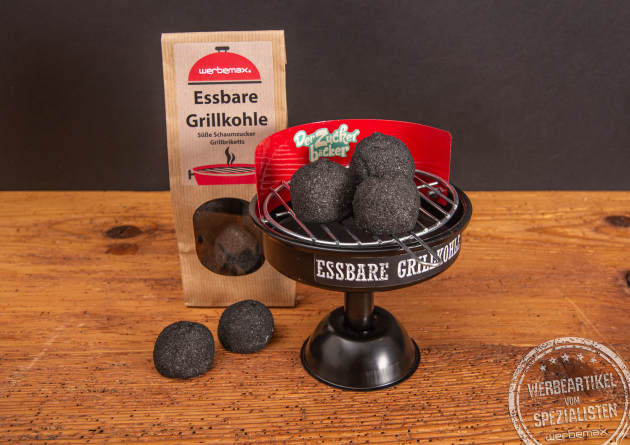 Grillkohle aus Marshmallows als Giveaway f&uuml;r Kunden und Mitarbeiter.