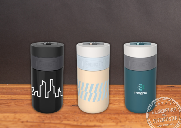 Kambukka Etna Thermobecher in den Farben schwarz, deep teal, iced latte mit 300ml Volumen und einem praktischen 3-in-1 Verschluss. Jetzt mit Logo gravieren lassen.