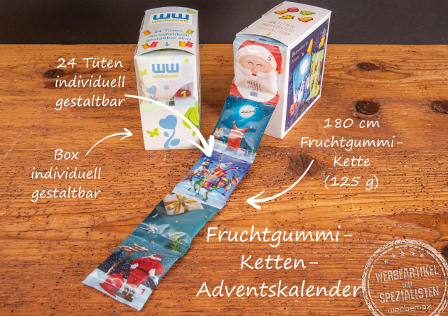 Ketten-Adventskalender mit Fruchtgummifüllung. Bestellen Sie jetzt den leckeren Adventskalender im originellen Design. Gestalten Sie die Kartonage und die Fruchtgummitütchen ganz nach Ihren Wünschen. 