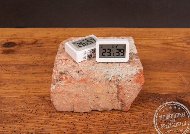 Schlichtes Hygrothermometer mit Logodruck für Büros oder als Mitarbeitergeschenk