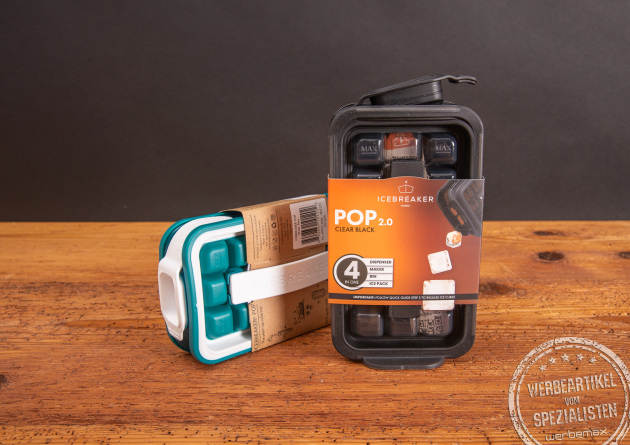 Zwei Icebreaker Pop Eisw&uuml;rfelbeh&auml;lter in t&uuml;rkis und schwarz mit Werbebanderole als Werbegeschenk.