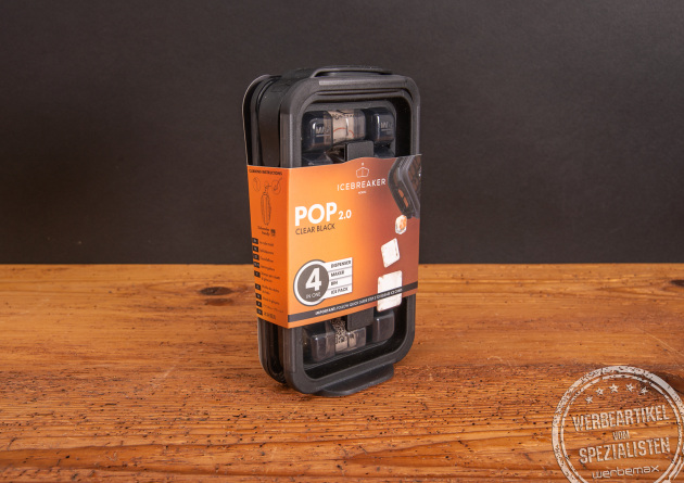Icebreaker Pop Eisw&uuml;rfelspender in schwarz mit Banderole als Werbeartikel.
