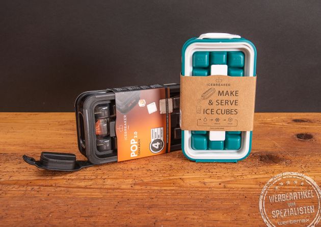 Zwei Icebreaker Pop Eisw&uuml;rfelbeh&auml;lter mit Werbebanderole als Werbegeschenk.