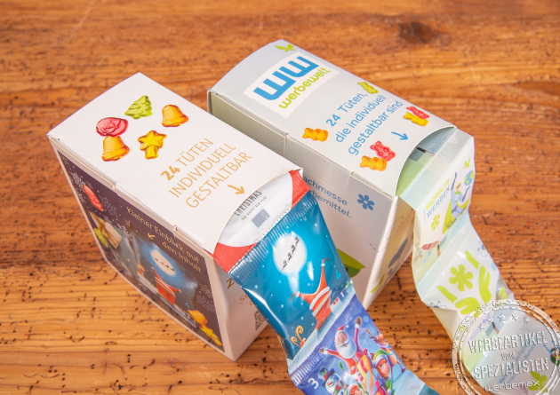 Gummibärchen-Kette für den originellen Adventskalender mit Markenfüllung. Gestalten Sie die Kartonage und die Gummibärchen-Tüten ganz individuell und seien Sie 24 Tage beim Kunden präsent. 