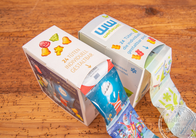 Fruchtgummi-Adventskalender mit 24 T&uuml;tchen in individuell bedruckbarer Box &ndash; ideal als weihnachtlicher Werbeartikel