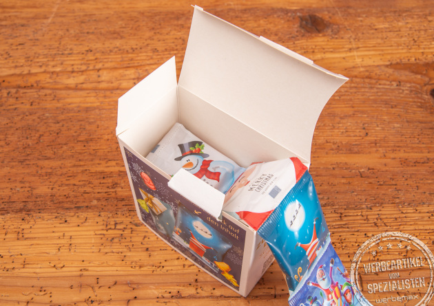 Ge&ouml;ffneter Fruchtgummi-Ketten-Adventskalender mit individuell gestaltbarer Box &ndash; kreatives Werbegeschenk zu Weihnachten