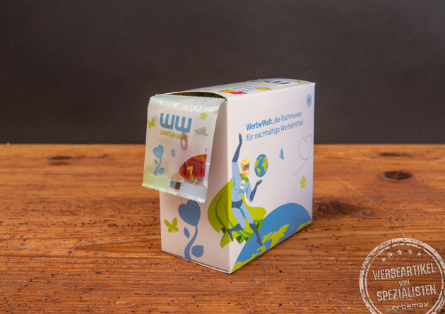Individueller Adventskalender mit Logo auf jedem Fruchtgummi-Tütchen. Jetzt den Kalender vollflächig und individuell gestalten. 
