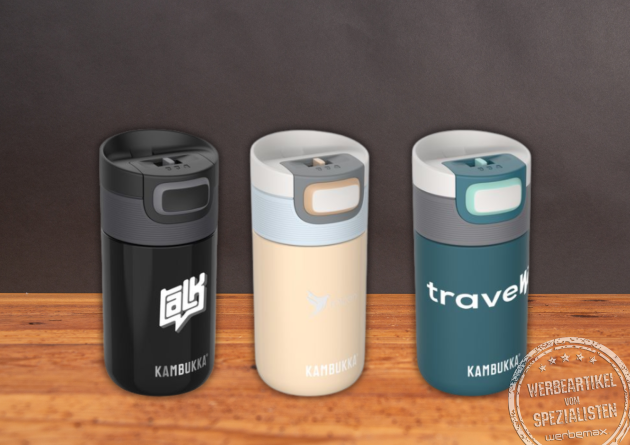 Thermobecher mit auslaufsicherem Deckel von Kambukka. Vakuumisolierter 18/ 8 Edelstahlbesser mit Logo.
