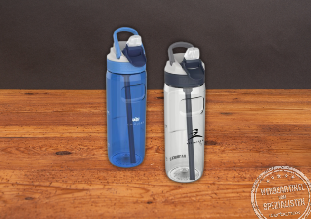 Wasserflasche mit integriertem Trinkhalm von Kambukka aus Recyclingmaterial.