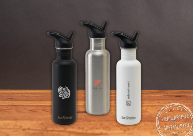 Markentrinkflasche von Klean Kanteen aus recyceltem Edelstahl. Die auslaufsichere Flasche ist mit Ihrem Logo als Druck oder Gravur verfügbar.