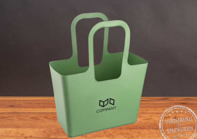 Koziol Tasche XL grün mit Werbedruck als Messetasche.