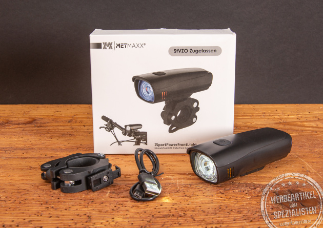 Fahrradlampe Bike Light mit Lenkerbefestigung als Werbegeschenk. Schlank, schwarz und leuchtstark.