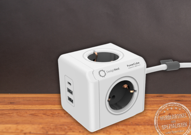 Mehrfachsteckdose mit USB-C-Anschluss als Werbeartikel.