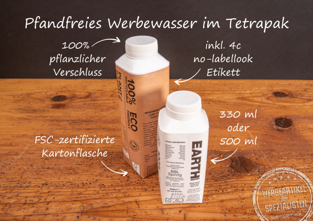 Pfandfreies Werbewasser im Tetrapak inkl. 4c no-labellook Etikett.