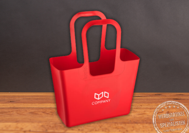 Koziol Tasche XL rot mit aufgedrucktem Logo als Messetasche.