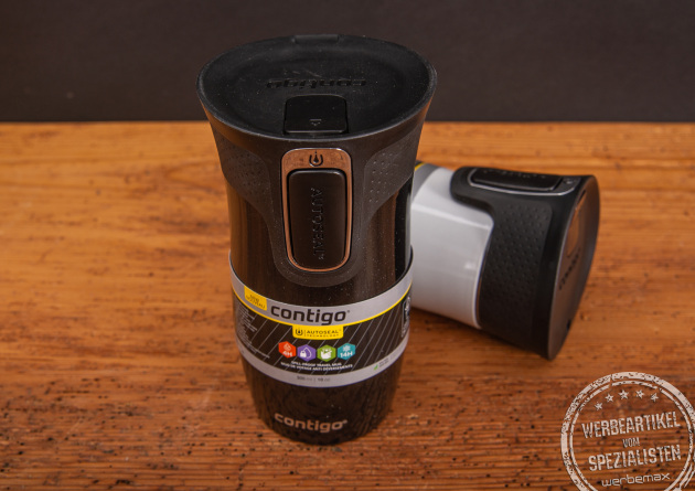 Contigo Thermobecher in schwarz und weiß mit Einhandverschluss als Werbegeschenk.