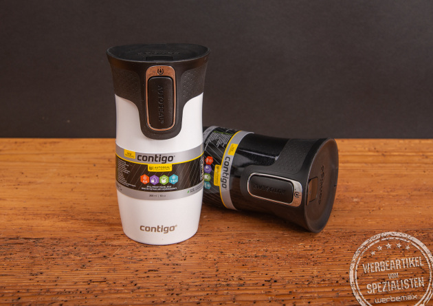 Contigo Coffee-to-go-Becher mit Einhandverschluss als Werbeartikel.