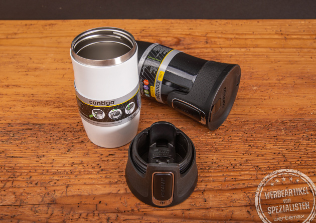 Contogo Thermobecher weiß und schwarz als Werbeartikel mit Logo.