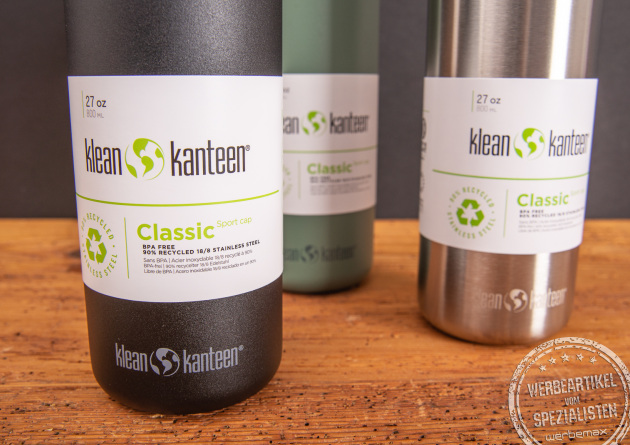Klean Kanteen Edelstahlflaschen mit Logo graviert.