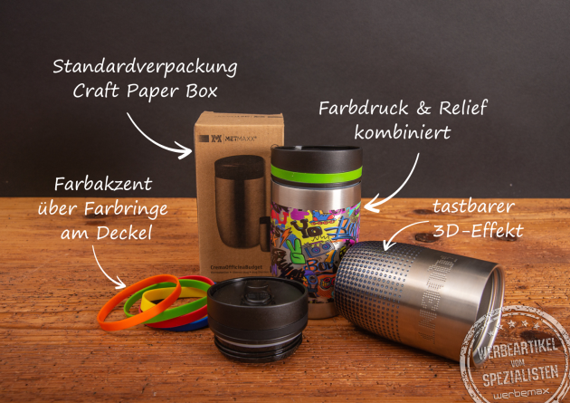 Details zum Thermobecher Metmaxx CremaOfficinaBudget mit Reliefdigitaldruck.